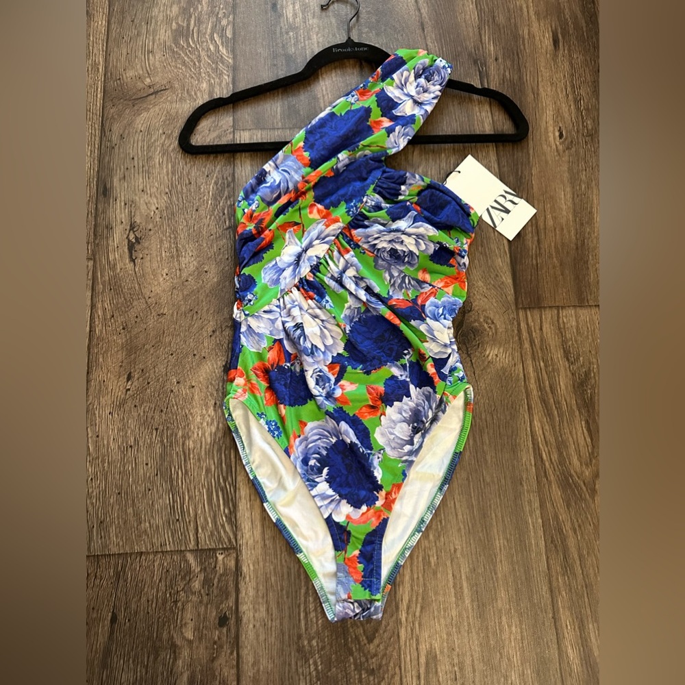 ZARA One Sleeve Floral Asymmetric Bodysuit Women’s Size S Floral Blue Orange